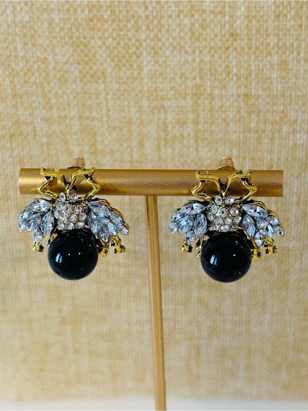 Fashion Jewelry Gold-Tone Earrings with Black Drops and Clear Crystals